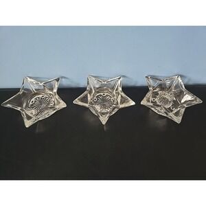 Hazel-Atlas Clear Glass Star Candle Stick Holders‎ Set of 3 Starburst Bottom Vtg